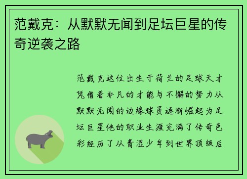 范戴克：从默默无闻到足坛巨星的传奇逆袭之路